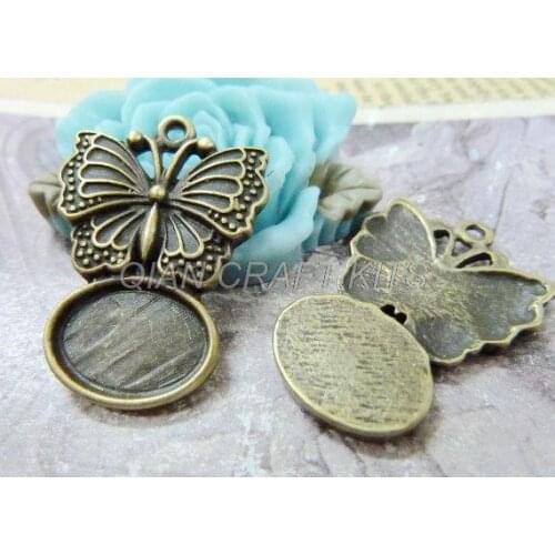 100pcs 33*22mm butterfly base setting Antique Bronzed 14x10mm Oval Butterfly Bezel Cabochon Mountings Pendant Tray