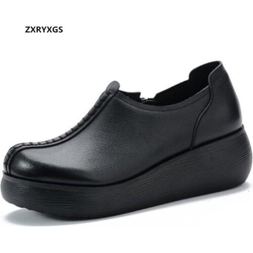 2021 Spring New Light Comfortable Slope Heel Platform Shoes Round Toe Genuine Leather Shoes Casual Shoes High Heels Black Brown