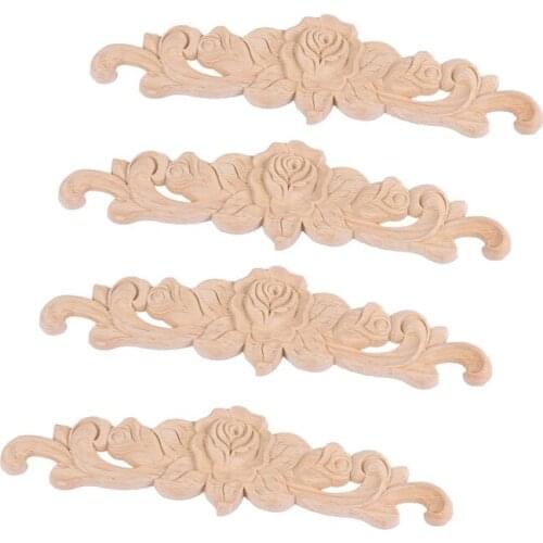 4pcs 20*5cm Rubber wood Carved Long Onlay Applique Unpainted Rose Flower Door Home Decor European Style