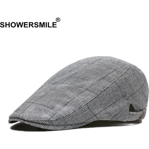 SHOWERSMILE Mens Beret Cotton Houndstooth Flat Cap Male Grey Plaid Gatsby Vintage Summer Casual Duckbill Directors Hats And Caps