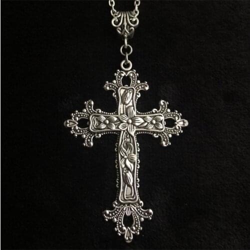 Handmade Large Victorian Cross Necklace 18inch Chain God Silver Plated Religious Gothic Jesus Floral Christ