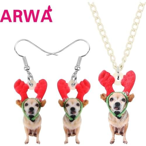 ARWA Acrylic Christmas Antlers Chihuahua Dog Jewelry Sets Necklace Earrings Animal Jewelry For Women Girl Teen Kids Charm Gift