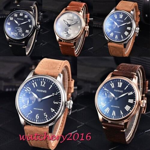 44mm Parnis Black Dial Issue Casual Man Watch Mechanical Hand Winding Watch Leather 17 Jewels Hand Wind Mechanical mens Watch