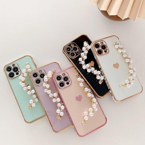 3D Pearl Chain Wristband Plating Love Border Pattern Case for IPhone 11 12 Pro Max 8 7 Plus XR X XS Max Soft Phone Cover Coque