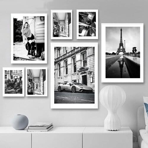 Black white Paris Car Vogue Woman Street Wall Art Canvas Painting Nordic Posters And Prints Wall Pictures For Living Room Decor