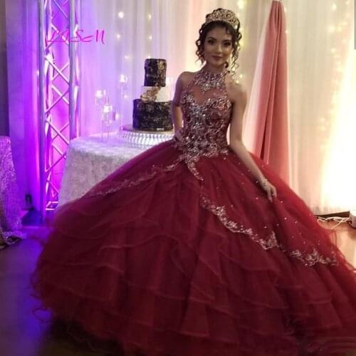 Burgundy Long Quinceanera Dresses 2020 Halter Crystals Beaded Corset Back Princess Prom Ball Gowns Custom Made