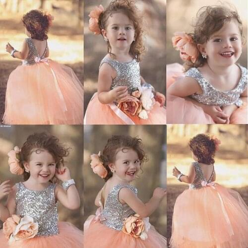 Elegant Silver Sequin Bodice and Champagne Tulle Flower Girl Dress Princess Gown For Wedding Prom Party Birthday