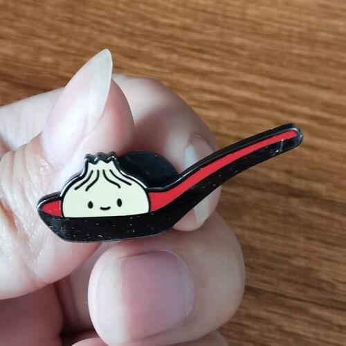 Giant Robot Collectable Soup Dumpling and Spoon Enamel Pin Glow In The Dark Cute Xiao Long Bao Badge