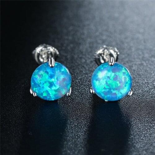 Geometric Silver Color Wedding Earrings Female Cute Blue Opal Stud Earrings 6/7/8mm Round Stone Small Earrings For Women Jewelry