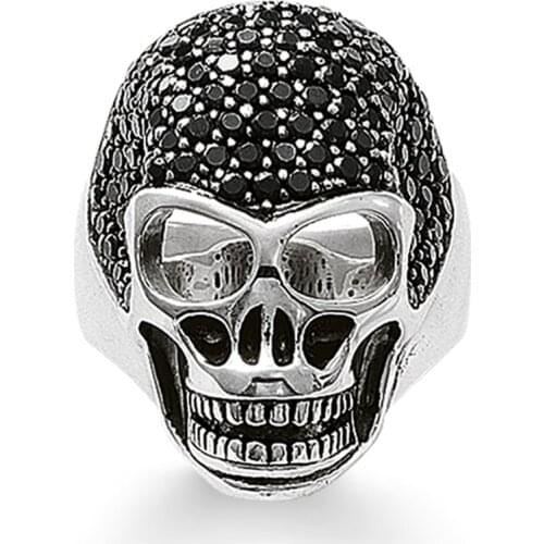 925 Sterling Silver Black CZ Pave Big Skull Rings, High Quality Thomas Style Skull Skeleton Ring Jewelry Gift for Women Men