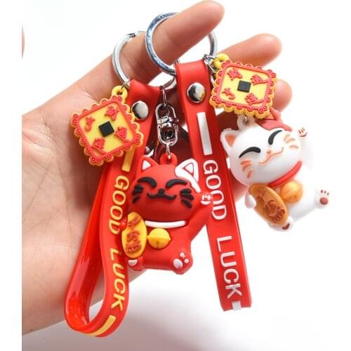 Cute Red Lucky Cat Key Chain PVC Lanyard Animal Doll Keychain Maneki Neko Car Keyring Bag Pendant Souvenir Gift Porte Clef