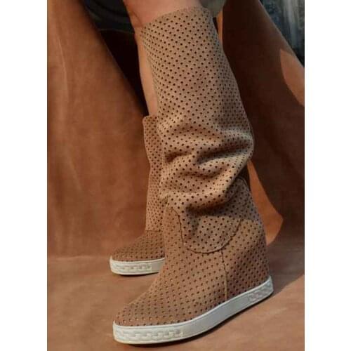 Fashion Women Full Small Perforated Suede Leather Two Wear Mid-calf Boots Height Increasing Collar Down Slip On Long Boots