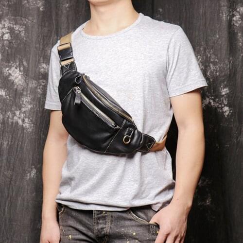 New Soft Black Leather Mens Chest Bag Multifunction Men Waist Bag Shoulder Crossbody Bags Fashion Casual Real Genuine Leather