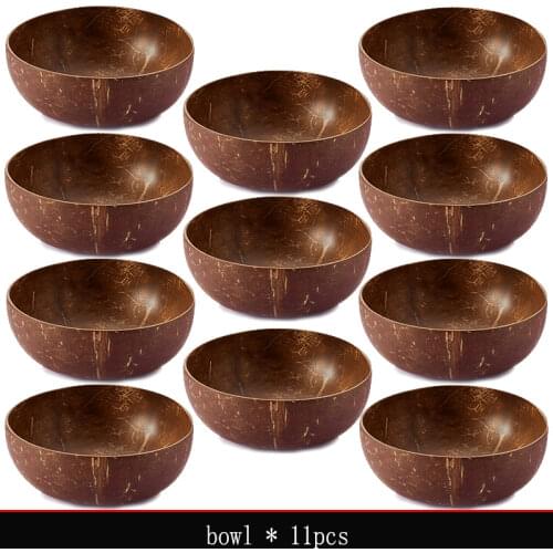 Natural coconut bowl set handmade coconut shell tableware wood spoon dessert fruit salad mixing bowl rice Ramen bowl 12-15cm