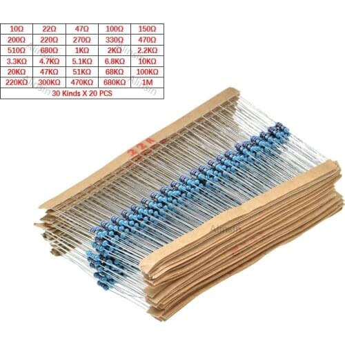 600PCS 1/4W Resistance 1% 30 Kinds Each Value Metal Film Resistor Assortment Kit resistors 100R 1K 47K 10K 100K 4K7