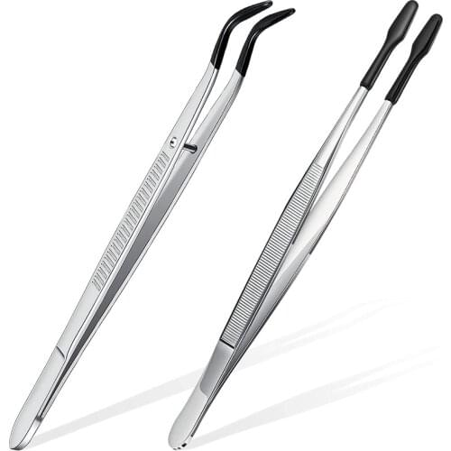 2Pcs Tweezers Tips Set Coated Tips Bent Flat Tweezers Jewelry Hobby Crafts Industrial Electronic Tweezers Tools
