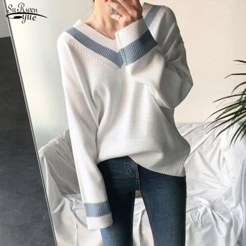 Autumn Winter Loose V-neck Sweater Womens Solid Wild Thin Hedging Bottoming Sweater Warm Womens Clothes Vintage Sweater 15946
