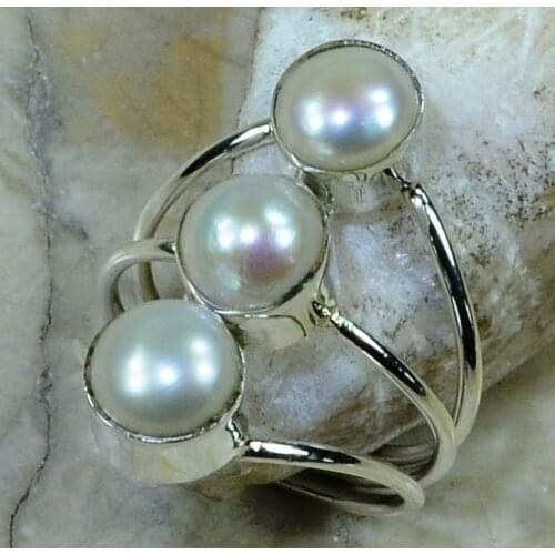Hand makePearl Ring 100% 925 Sterling Silver Jewelry, 4.1G, Size: 7.5 , Gift BOX