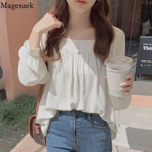 Square Collar Pleated Blouse Women Tops 2021 New Long Sleeve Loose Chiffon Shirt Elegant Apricot Blouse Clothes Blusas 11696