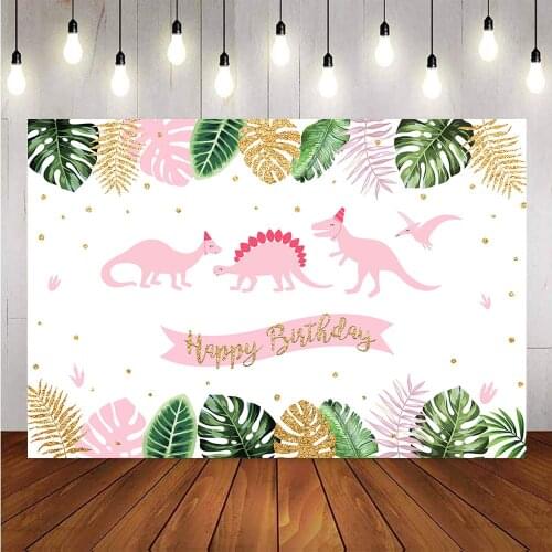 Dinosaur backdrop happy birthday pink girls custom party decoration supplies background for photography studio safari jungle