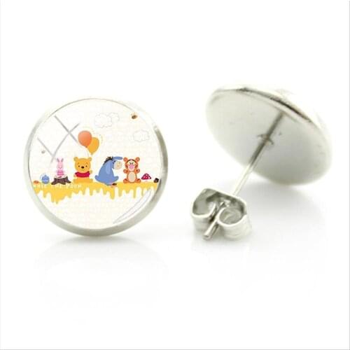 Disney Jumping Tiger Pooh Earrings Picture Fashion Simple Style Stud Earrings Glass Cabochon Jewelry Ladies Gift Jewelry