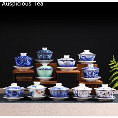 Jingdezhen Blue And White Porcelain Tea Tureen Bowl Handmade Ceramic Teacup Travel Portable Gaiwan Home Tea Set Drinkware