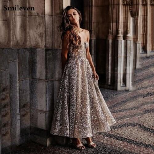 Smileven Sparkly Gold Sequins A Line Long Evening Dresses Sweetheart Ankle Length Formal Prom Gowns