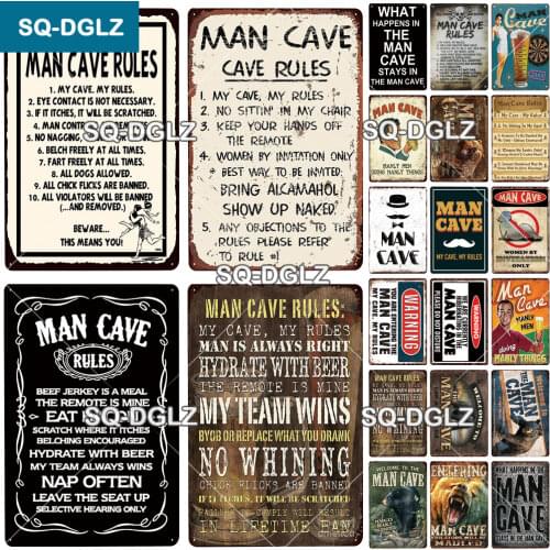 [SQ-DGLZ] Man Cave Rules Metal Sign Vintage Plaque Tin Sign Wall Decor For Bar Pub Metal Crafts Room Poster Retro Man Gift