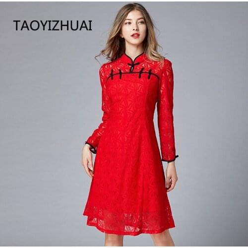 Improved cheongsam dress spring and autumn new plus size womens dress medium length red fashion casual lace versatile skirt