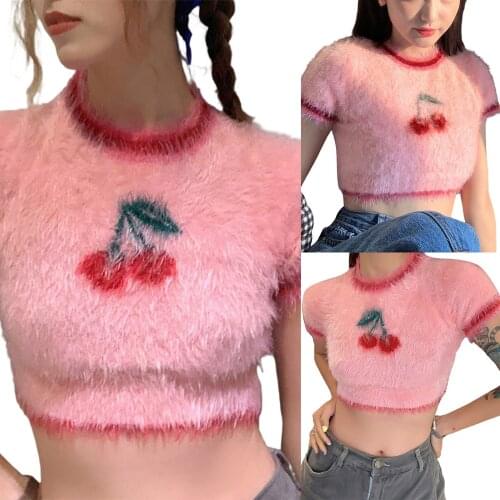 Hirigin 2021 New Autumn Women’s Casual Short Sleeve T-shirt Fashion Cherry Pattern Exposed Navel Knitted Pullover Tops