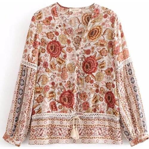 Women Boho Blouses Long Sleeve V Neck Drawstring Printed Ecru White Casual Top for women