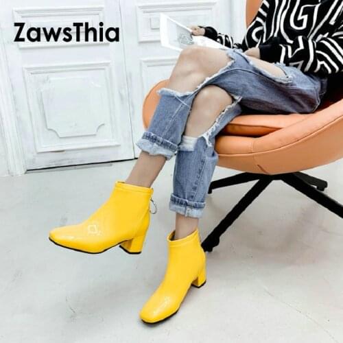 ZawsThia 2020 patent PU leather winter yellow white pink red woman ankle boots square med heels women martin boots size 33-51