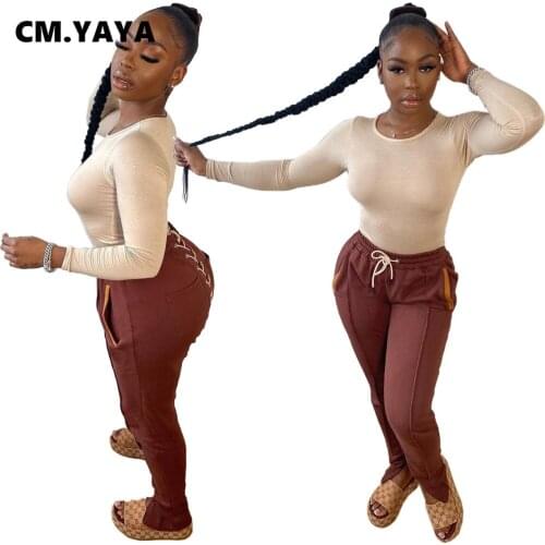 CM.YAYA Streetwear Women Patchwork Pocket Lace Up Back Pants Leggings High Waist Flare Trousers Draped Jogger Sweatpants