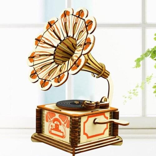 3D Phonograph Model Wooden Building Blocks DIY Craft Kids Educational Puzzle Toy