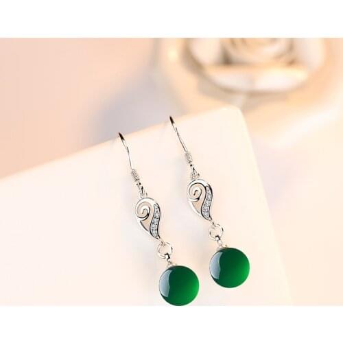 925 Silver Jade Earring Natural Green Chalcedony Agate Fashion Charm Jewelry Carved Amulet Gifts for Her Women