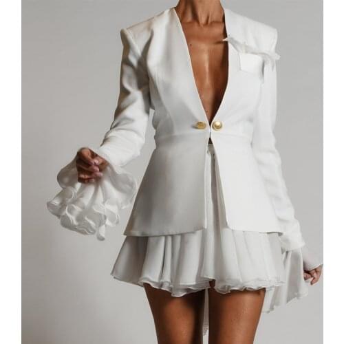 Adyce 2021 Autumn Fashion Womens White Lace 2 Two Pieces Sets Sexy Long Sleeve Coat &Mini Skirt Buttons Ruffles Club Party Sets