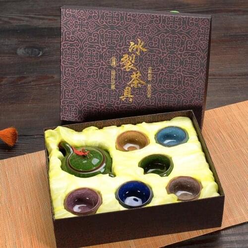 7stes Cracking ice tea set with gift box crafts tea tools kung fu ceramic tea pot cracked ice cup