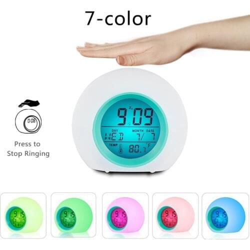 Colorful Glowing Backlight Round LED Alarm Clock Thermometer Calendar Display Wake Up Electronic Clock for kids Children Gift
