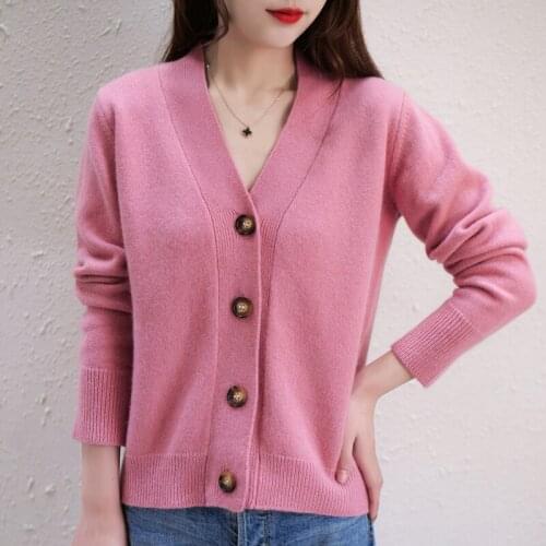 Cashmere cardigan womens autumn winter new V-neck pure wool sweater coat lazy wind loose outer knit cardigan jacket ladies tops