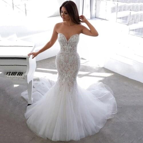 2021 Latest Elegant Mermaid Sleeveless Bridal Wedding Gowns Lace Sweetheart Open Back Wedding Dress for Bride Applique On Sale