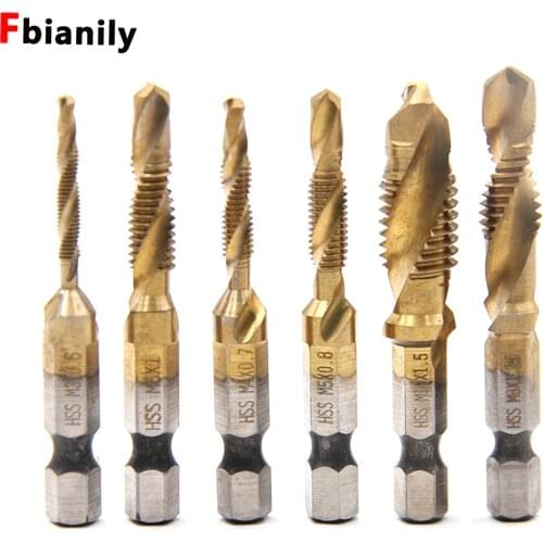 6PCS M3-M10 Hex Shank Titanium Plated HSS Screw Thread Metric Tap Drill Bits Screw Machine Compound Tap Titanium Hand Tools