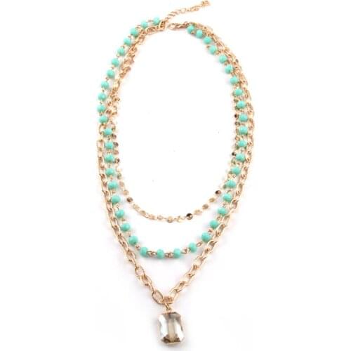 Fashion Bohemian 3 layer Multiple Halsband Crystal Rosary Chain Gold Flat Chain Rectangle Crystal Pendant Necklace Free Shipping