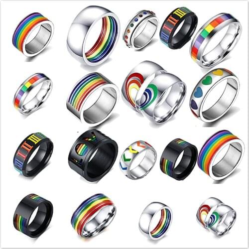 Fashion Style Mens Womens Rainbow Colorful LGBT Ring Stainless Steel Wedding Band Lebian & Gay Rings