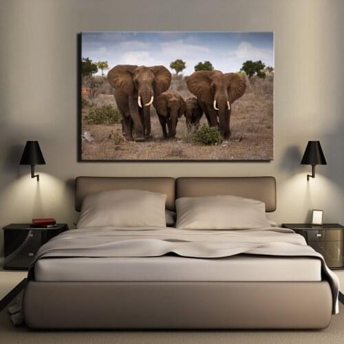 The African Grassland Landscape Posters and Prints Wall Art Canvas Painting Home Decoration The Family of Elephants Pictures