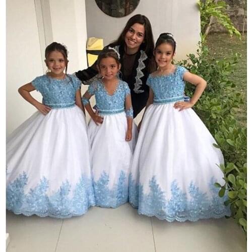 New Flower Girl Dresses for Wedding with Short Sleeves Blue Beaded Lace White Skirt First Communion Dress