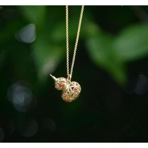 Original new ancient gold craft natural southern red tourmaline gourd sachet pendant necklace lady silver jewelry