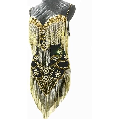 Flashing Gold Rhinestone Fringe Transparent Bodysuit Dance Prom Collections Costume Birthday Celebrate Dress Outfit