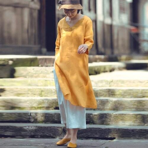 SCUWLINEN NEW 2020 Vintage Spring Summer Dress Women V-neck Jade Buttons Solid Plus Size Side Slit Ramie Dresses Vestidos P040