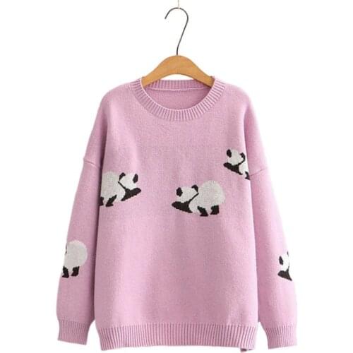 Cartoon Panda Embroidery Sweaters Womens Jumper O-neck Knitted Pullovers Kawaii Long Sleeve Loose Winter 2020 Female Tops