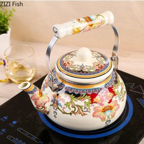 2.5L Hand Painted Thick Enamel Water Kettles Coffee Milk Decocting Kettle European Style Home Kitchen Bar Supplies Tea Kettle
